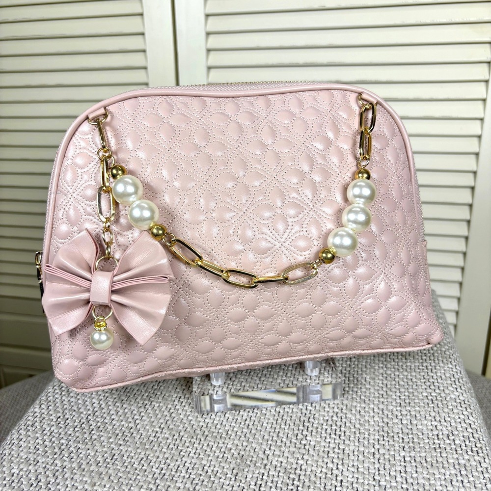 Vince Camuto Cosmetic Bag Blush Pink Bow Gold Pearls Chain Travel Makeup Case